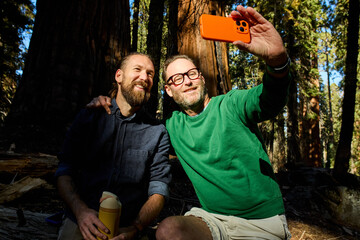 Friends take selfies at Sequoia National Park
