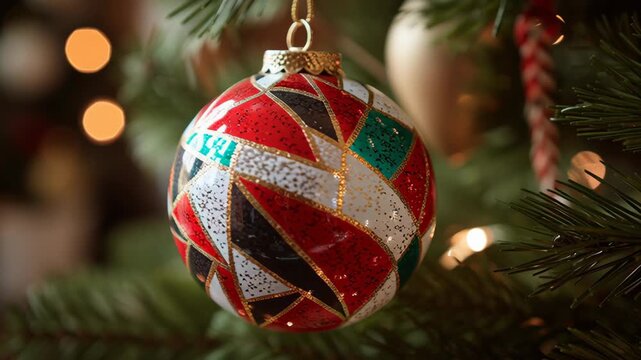 A christmas ornament with a green, white and red design. It is hanging on a tree. Premium holiday ornament abstract deconstructed red green white gold shapes