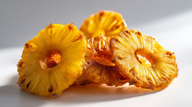 Close up of three dried pineapple rings stacked on top of each other on a white surface