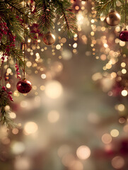 Obraz premium Elegant Christmas background with golden fairy lights bokeh red ornaments pine branches and gold ribbon on warm festive backdrop 
