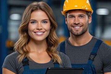 A woman and a man are smiling and holding a tablet