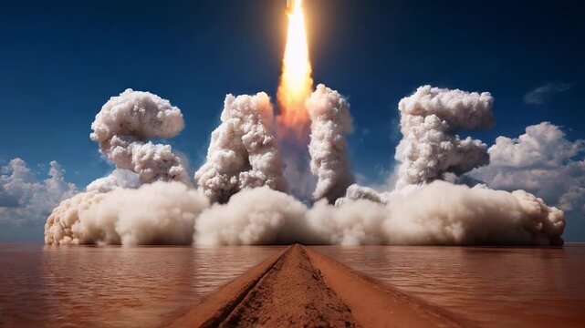 A Powerful Rocket Launch Creates an Explosive Display in the Sky as the Word 'SALE' Emerges from Billowing Clouds, Capturing the Excitement of a Promotional Event with Dramatic Imagery.