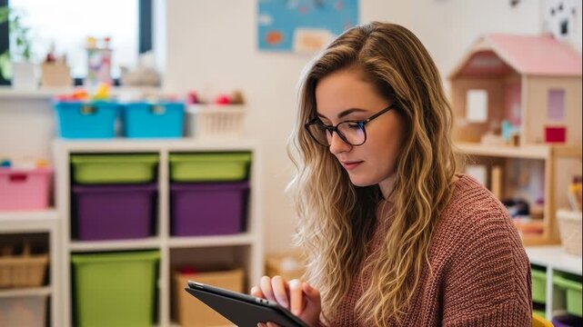 Young female teacher wearing glasses uses a digital tablet while working in a brightly lit classroom filled with colorful storage bins and toys