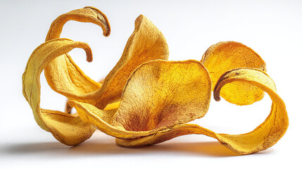 A still life of dried mango slices arranged on a white surface with curled and folded shapes