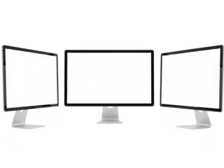 Three blank computer monitors displaying white screens for digital design and technology concepts transparent background