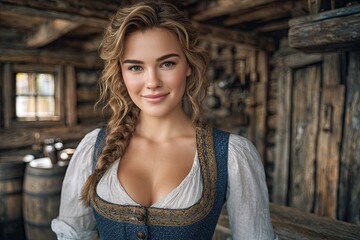 A woman with long blonde hair and a blue vest stands in front of a wooden wall