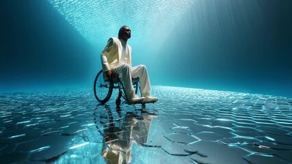 A mesmerizing scene featuring a man in a wheelchair, dressed in white, surrounded by a surreal underwater environment, exuding a sense of calm and introspection beneath radiant light. - Powered by Adobe