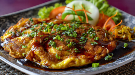 Close up of a dish with an omelet topped with green onions and a dark sauce and vegetables