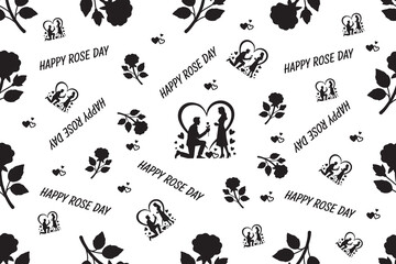 Happy Rose Day seamless pattern with roses and romantic couple silhouettes