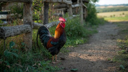 Vibrant Rooster with Fiery Comb and Iridescent Plumage by Rustic Fence in Golden Light.