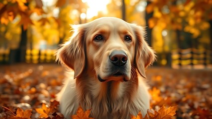 Golden Retriever portrait in autumn leaves with soft sunlight