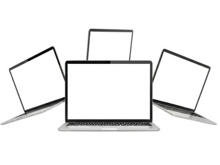 Multiple laptops displaying blank screens arranged in a circle for tech presentation transparent background