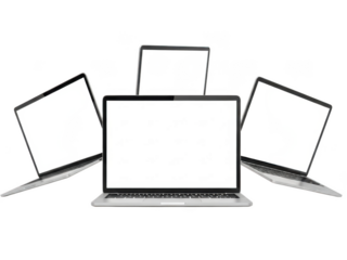 Multiple laptops displaying blank screens arranged in a circle for tech presentation transparent background