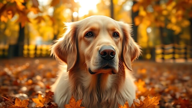 Golden Retriever portrait in autumn leaves with soft sunlight