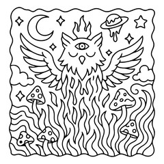 Fototapeta premium Mystical Owl Illustration: A surreal black and white illustration depicts a mystic owl, adorned with symbolic elements, including celestial bodies and surreal flora.