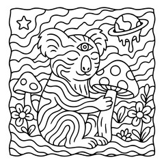 Obraz premium Cosmic Koala Illustration: A whimsical illustration showcases a koala, embracing a mushroom, with psychedelic elements, transporting the viewer to a dreamlike state.