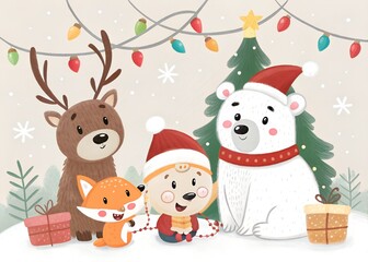Holiday Animals Christmas Cute Illustration Card