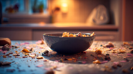 A bowl of cereal on a countertop with scattered crumbs and colorful sprinkles in a kitchen scene