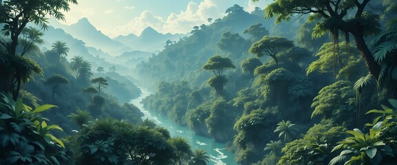 lush tropical rainforest with misty mountains and winding river in early morning light