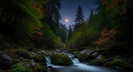 Moonlit mountain stream flowing through a lush forest creating a serene and tranquil nature scene ideal for travel and adventure themes