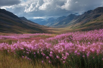 Obraz premium Dramatic Cloudy Sky Over a Mountain Valley with Purple Fireweed Meadow purple flowers mountain landscape