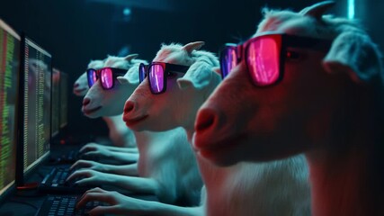 In a unique twist of creativity and humor, this whimsical video captures a group of goats donned in stylish sunglasses, engaging in what seems to be coding or programming at their computer stations.