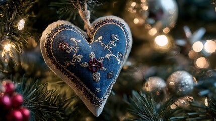 Festive gold and red ornaments decorate a green Christmas pine branch for the winter holiday season celebration