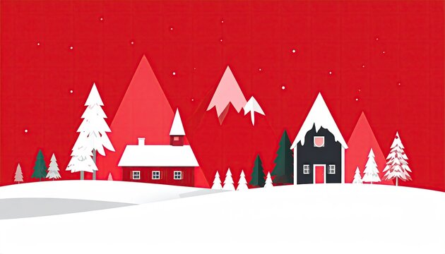 Minimalist winter village scene with snow covered houses and evergreen trees.