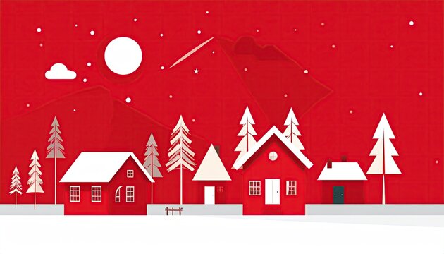 Minimalist winter village scene with red houses and snow covered trees under a starry night sky.