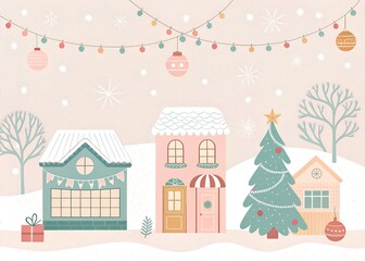 Fototapeta premium Winter Village Festive Illustration, Christmas Holiday Scene