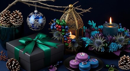 Elegant Christmas still life with gift box ornaments and macarons festive holiday season decoration creating a cozy and inviting atmosphere