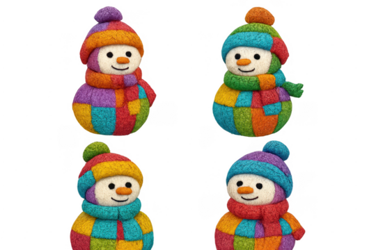 Four colorful patchwork snowmen toys standing transparent background