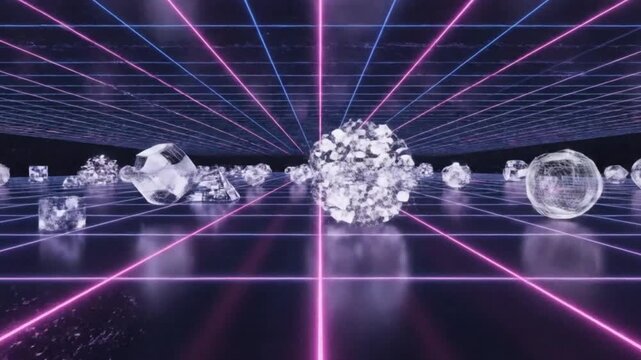 Futuristic Hologram Grid &ndash; A 3D hologram grid plane with neon navy and pink lines, digital data blocks constantly transforming in motion