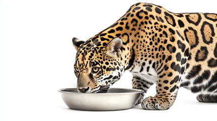 A jaguar drinking water from a metal bowl on a white background