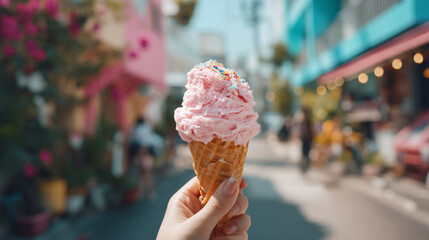 Hand holding a pink ice cream cone with sprinkles on a vibrant street background outdoors