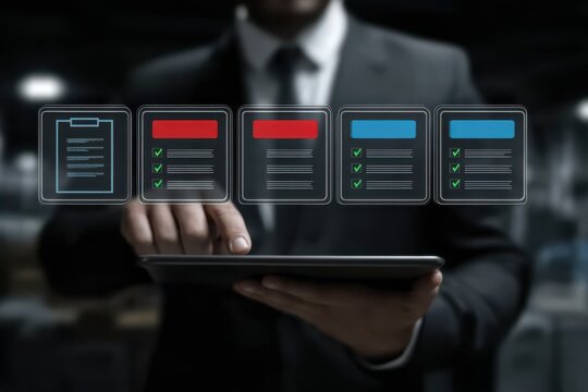 High tech schematic of a management system showing performance metrics, certification stamps, approval flags, quality overlays, and a digital checklist