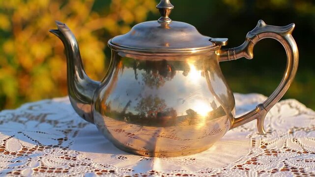 Antique silver teapot on white lace doily with golden sunlight reflection. Tea time still life with vintage teapot.