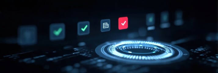 Ultra modern holographic interface with performance monitoring, certification verification, approval lights, quality indicators, and a structured management checklist