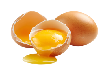 Fresh organic egg cracked open with golden yolk dripping on black background