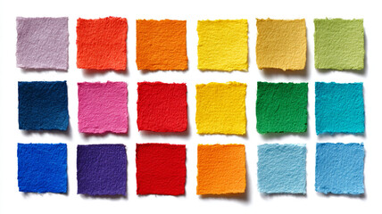 Colored torn paper squares arranged neatly isolated on white background,