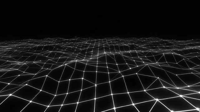 Seamless Loop: Simple 3D Wireframe Grid Slowly Moving and Flowing Across Dark Void
