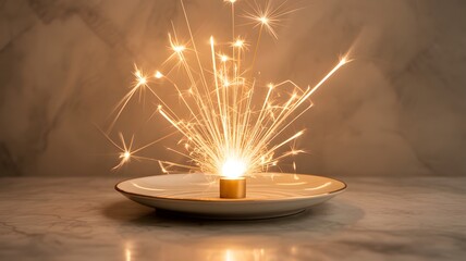 Burning sparkler on plate casting bright light in dark environment indoors