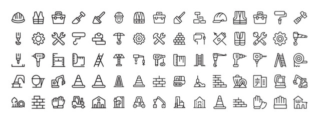 Construction and industrial tools outline icons, collection of building equipment and machinery symbols