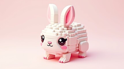 Fototapeta premium Cute Pink Chibi Bunny Figurine Built from Lego-Style Bricks