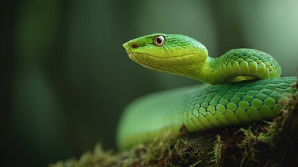 Fototapeta premium Vivid green arboreal reptile displays coiled posture on natural perch