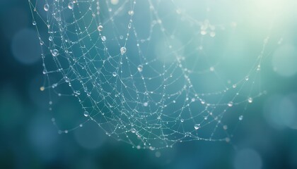 Intricate spider web glistening with delicate water droplets in soft morning light