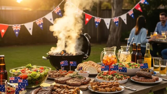 Australian barbecue celebration outdoor party feast with grilled meats, salads and  drinks 