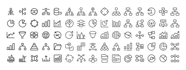 Diagrams charts and infographics line icons. Organizational hierarchy mind map and data analysis symbols