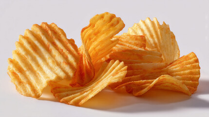 A close up shot of a pile of wavy potato chips on a white surface under bright studio lighting