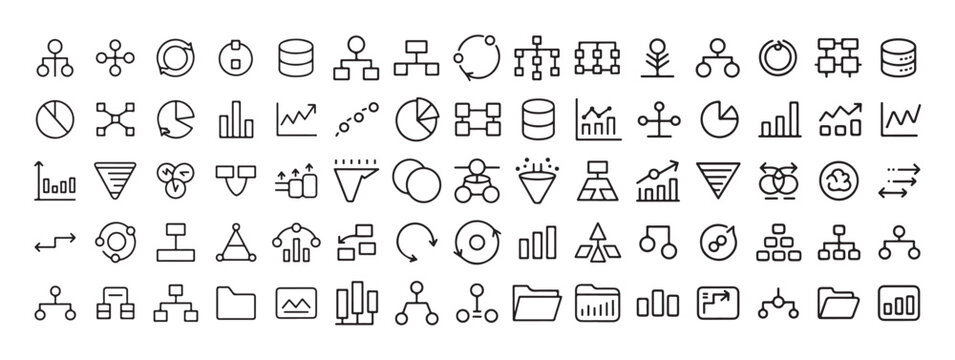 Diagrams charts and infographics line icons. Organizational hierarchy mind map and data analysis symbols